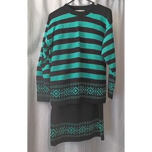 80's Vintage Dancer USA Outfit Sweater Skirt Set Striped‎ Retro Sz Medium